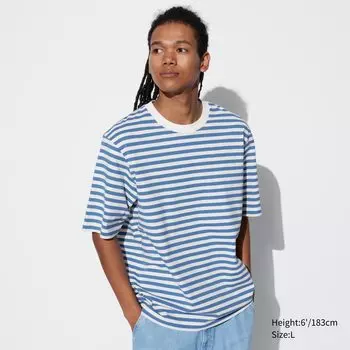 Футболка полосатая оверсайз Uniqlo с круглым вырезом, синий