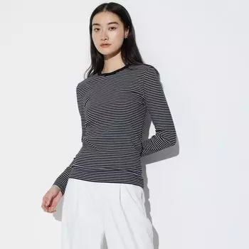 Футболка полосатая Uniqlo с круглым вырезом и длинными рукавами, черный
