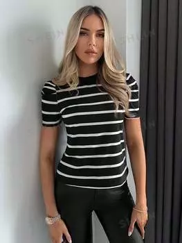 Футболка полосатая женская Shein Lune с рукавами-буфами, черный / белый