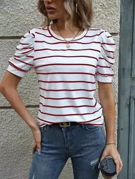 Футболка полосатая женская Shein Lune с рукавами-фонариками, красный