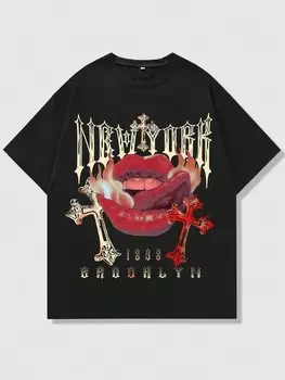 Футболка потертая мужская Romwe Street Life с принтом крестов и букв, черный