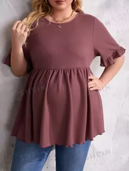 Футболка Pregnant Women Plus, рукава-клеш, неровные края, вафельный трикотаж, рюшами по низу Shein, бордовый