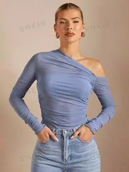 Футболка приталенная Shein Bae с открытыми плечами и сборками, серый