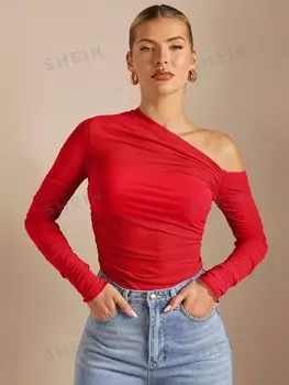 Футболка приталенная Shein Bae с открытыми плечами и сборками, красный