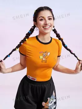 Футболка приталенного кроя Shein с контрастной окантовкой, оранжевый