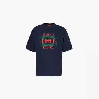 Футболка прямого кроя из хлопкового джерси с фирменным принтом Gucci, синий