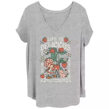 Футболка размера плюс для юниоров с клубничным песочным печеньем Life Is Delicious с V-образным вырезом и графическим рисунком Licensed Character