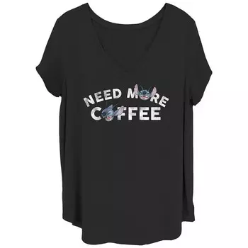 Футболка размера плюс с V-образным вырезом Disney's Lilo & Stitch для детей Need More Coffee Stitch, черный