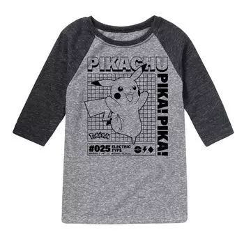 Футболка реглан с графическим рисунком для мальчиков 8–20 лет с информацией о покемонах Licensed Character, серый/черный