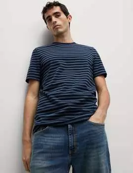 Футболка Regular Fit с круглым вырезом и полосками Marks & Spencer, темно-синий микс