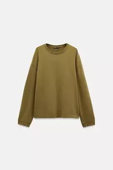 Футболка с эффектом потертости и длинными рукавами ZARA, оливково-зеленый