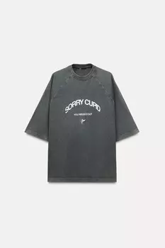Футболка с эффектом потертости и принтом «купидоно» ZARA, антрацитово-серый