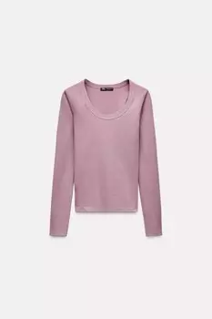 Футболка с эффектом потертости и высоким воротником ZARA, выцветший розовый