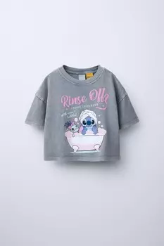 Футболка с эффектом вымытки и принтом lilo & stitch disney ZARA, антрацитово-серый