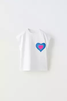Футболка с аппликациями в виде сердца ZARA, белый