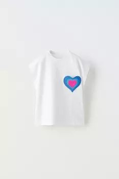 Футболка с аппликациями в виде сердца ZARA, белый