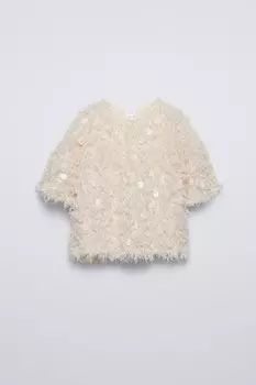 Футболка с бахромой и пайетками ZARA, экрю