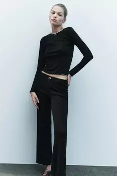 Футболка с бантом из кружева пуантель ZARA, черный