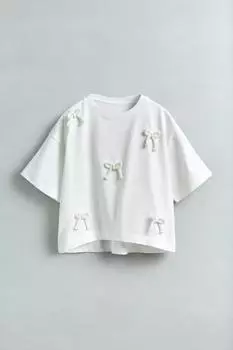 Футболка с бантом на завязках ZARA, белый