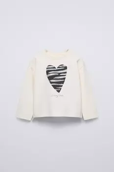 Футболка с блестящим принтом ZARA, экрю