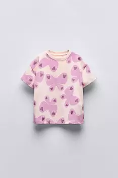 Футболка с блестящим принтом ZARA, светло-розовый