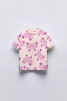 Футболка с блестящим принтом ZARA, светло-розовый