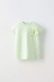 Футболка с блестящими аппликациями ZARA, светло-зеленый