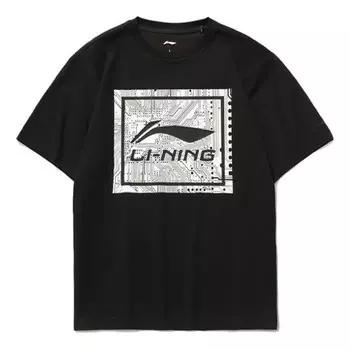 Футболка с большим графическим принтом, свободная футболка Li-Ning, черный