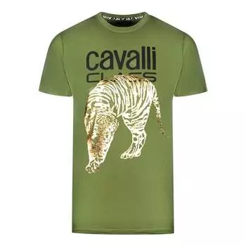 Футболка с большим золотым логотипом в виде тигра Cavalli Class, зеленый