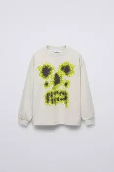 Футболка с черепом ZARA, бежевый