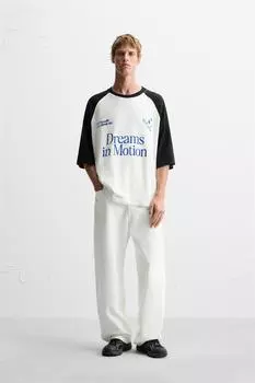 Футболка с цветным слоганом ZARA, черный/белый