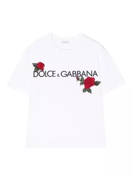 Футболка с цветочной аппликацией и логотипом Dolce & Gabbana Kids, белый