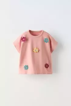 Футболка с цветочной аппликацией ZARA, бледно-розовый