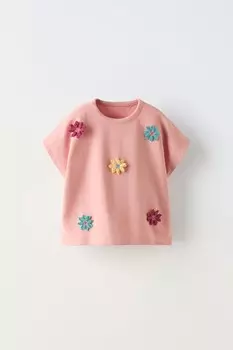Футболка с цветочной аппликацией ZARA, бледно-розовый