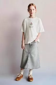 Футболка с цветочной вышивкой ZARA, бежевый