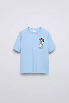 Футболка с цветочной вышивкой ZARA, синий