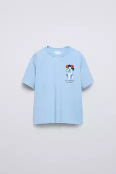 Футболка с цветочной вышивкой ZARA, синий