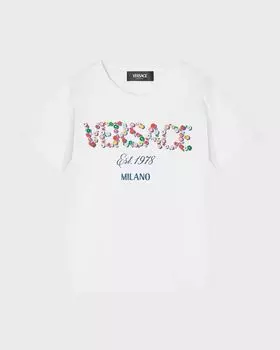 Футболка с цветочным принтом и логотипом для девочек Versace, цвет White/Multicolor
