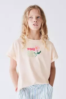 Футболка с цветочным принтом и лозунгом ZARA, экрю