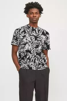 Футболка с цветочным принтом и овальным вырезом Jack & Jones, черный