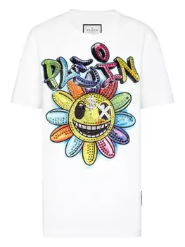 Футболка с цветочным принтом, украшенная кристаллами Philipp Plein, белый