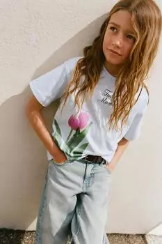 Футболка с цветочным принтом ZARA, небесно-синий