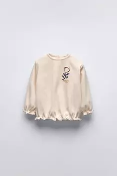 Футболка с цветочным принтом ZARA, светло-бежевый