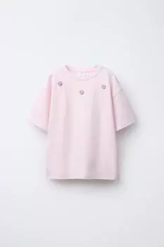 Футболка с цветочным рисунком и аппликациями из бисера ZARA, розовый