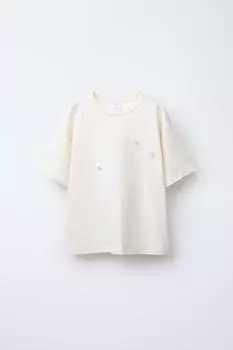 Футболка с цветочным рисунком и аппликациями из бисера ZARA, экрю