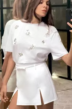 Футболка с цветочным рисунком из страз ZARA, белый
