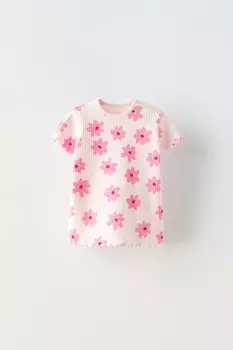 Футболка с цветочным рисунком в рубчик ZARA, цвет chalk pink