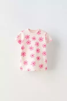 Футболка с цветочным рисунком в рубчик ZARA, цвет chalk pink