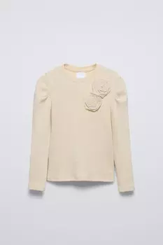 Футболка с цветочным рисунком в рубчик ZARA, экрю