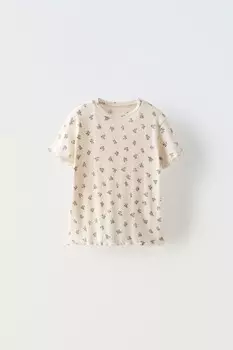 Футболка с цветочным узором ZARA, экрю